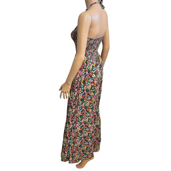 Urban Outfitters Lola Wide Leg Jumpsuit Small Floral Smocked Halter Colorful - Picture 4 of 8